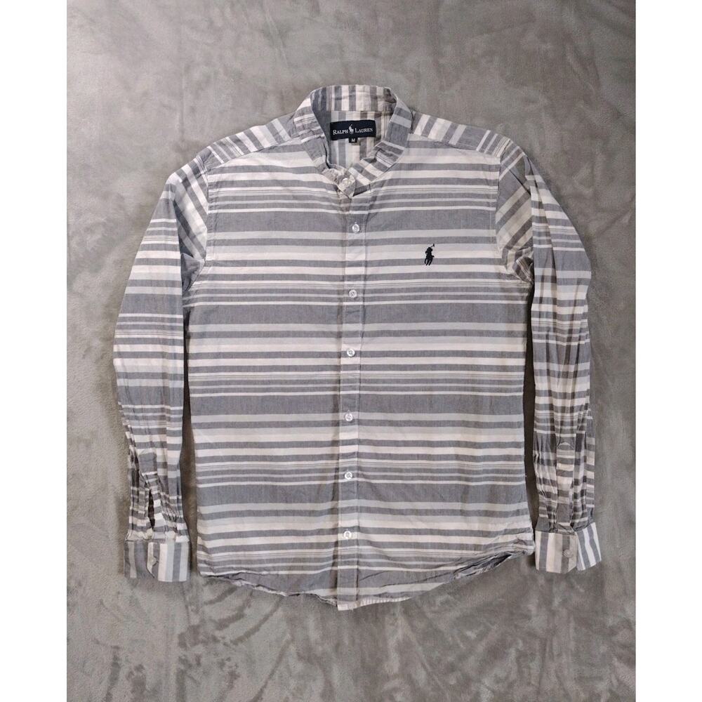 Ralph Lauren Collarless Button Shirt Mens M Gray White Striped Black Pony Preppy
